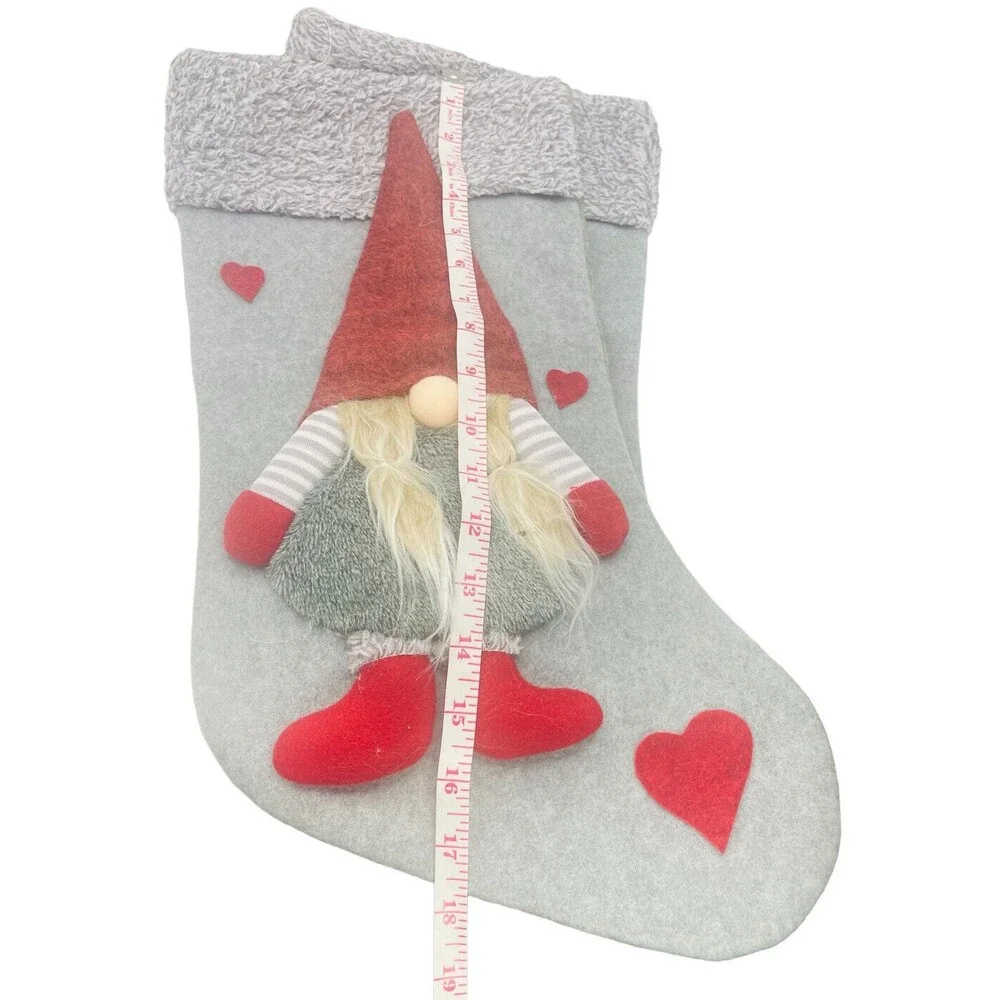 Gnome Christmas Stocking Decor Gray Red Hearts C19